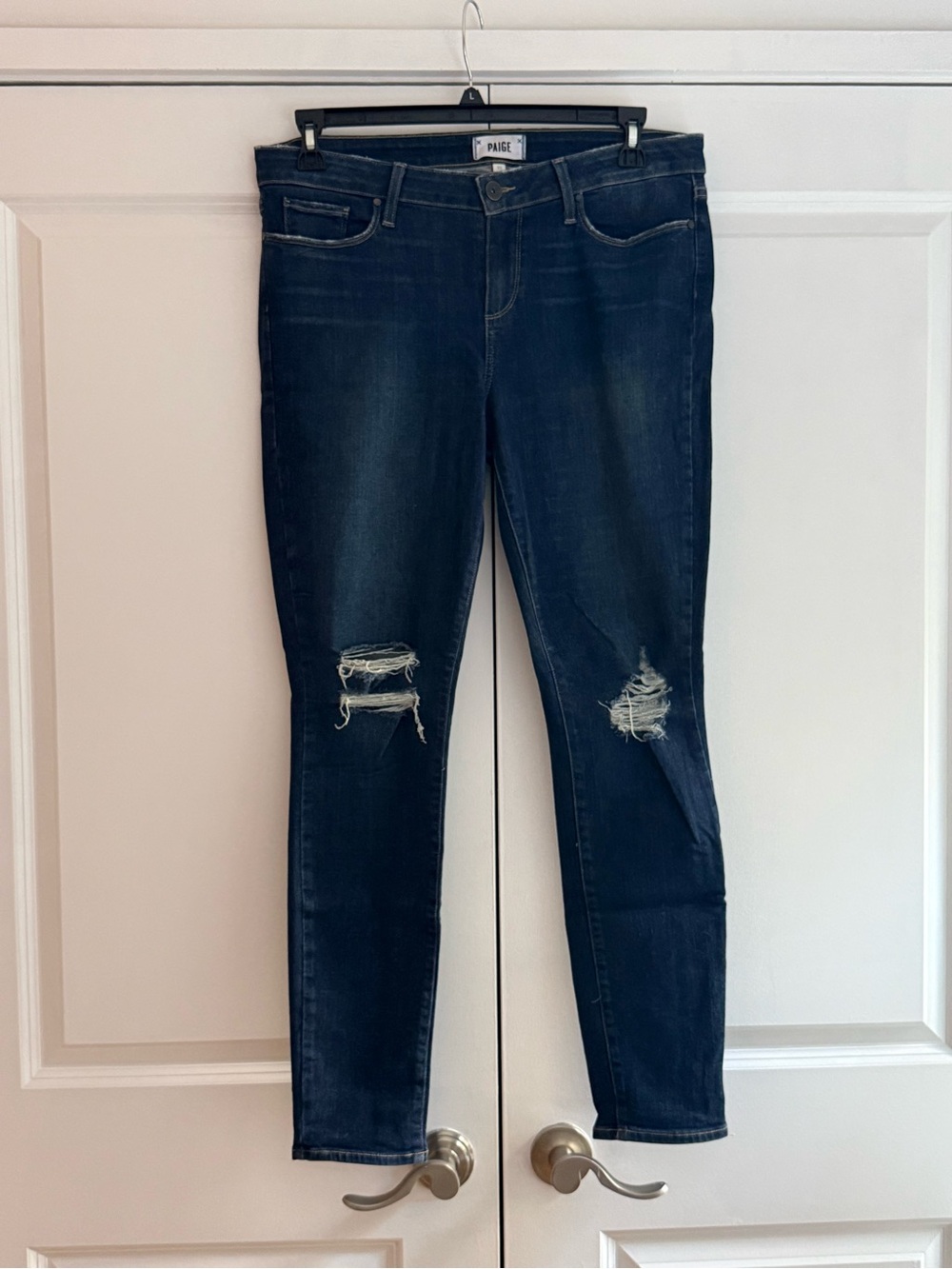 PAIGE Distressed Skinny Jeans in Dark Blue Wash